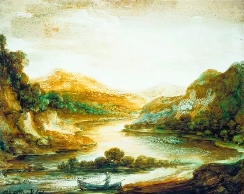 Paysage fluvial boisé avec un pêcheur dans une barque, de hautes rives et des montagnes lointaines - Thomas Gainsborough image 1 tableau peint à l’huile sur toile