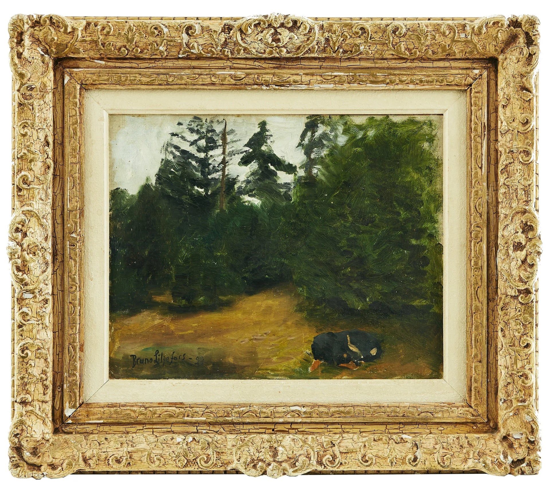 Paysage forestier avec un chien endormi - Bruno Liljefors image 1 reproduction de peinture à l’huile