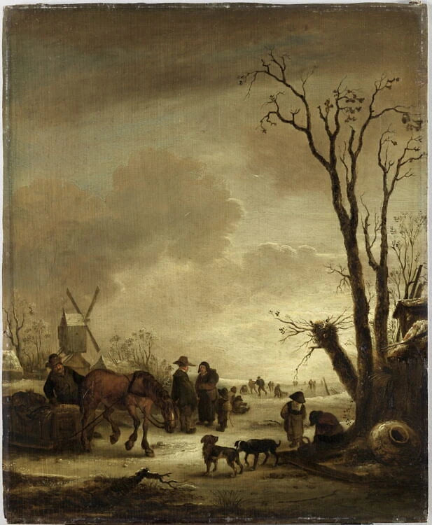 Paysage d'hiver avec moulin, patineurs et cheval attelé à un traîneau - Isaack van Ostade