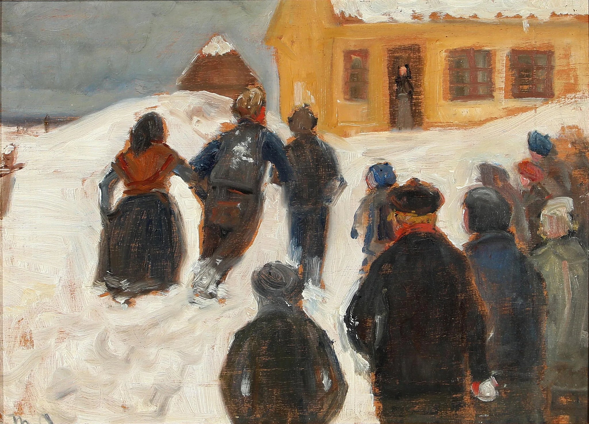 Paysage hivernal avec des personnes dans les rues. - Michael Peter Ancher image 1 reproduction de peinture à l’huile