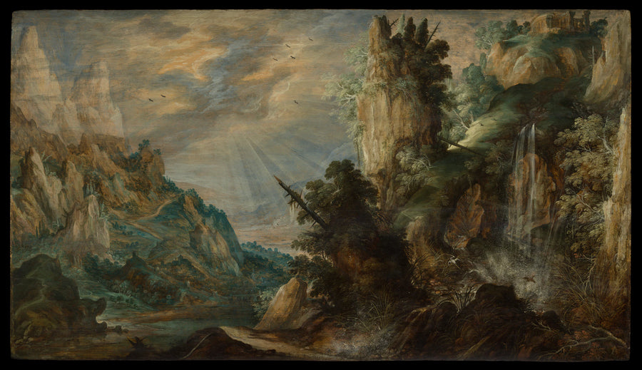 Un paysage montagneux avec une cascade - Kerstiaen de Keuninck