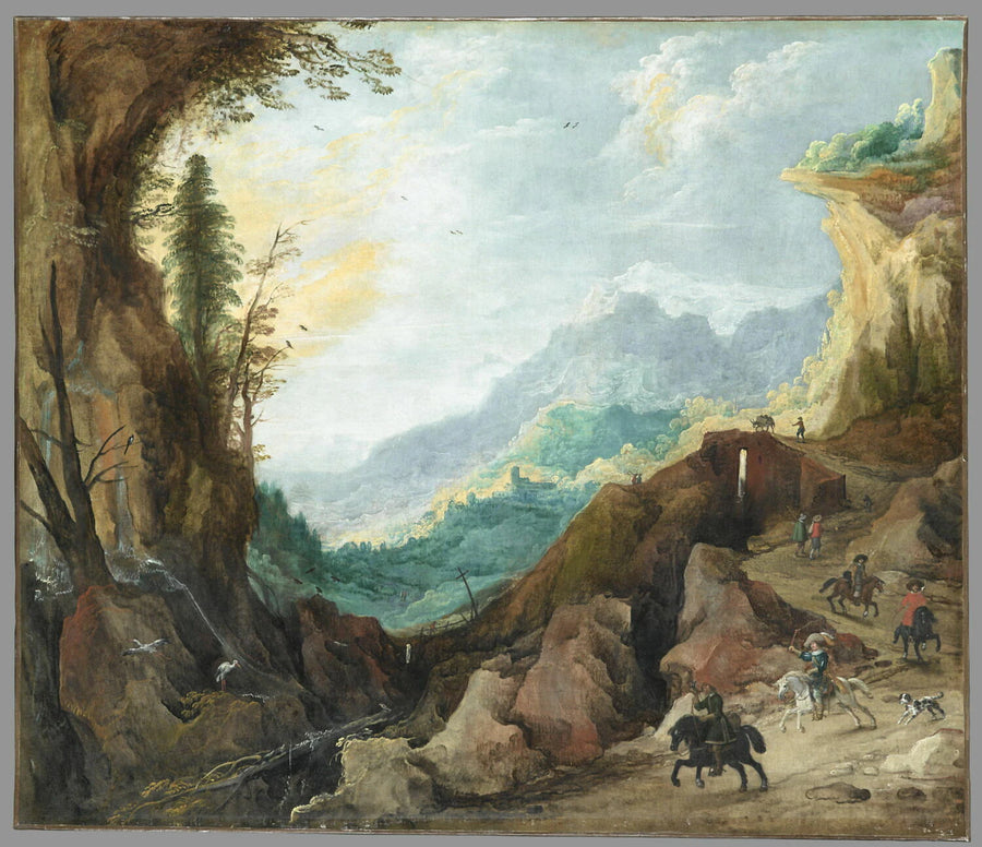 Paysage montagneux avec des cigognes, un pont et quatre cavaliers - Joos de Momper