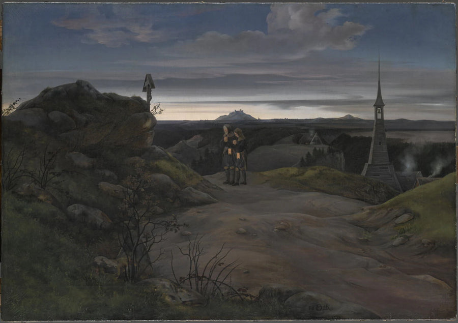Paysage des monts Métallifères au petit matin, avec deux ouvriers de la mine en prière, avant de descendre dans le puits. - Ernst Ferdinand Oehme