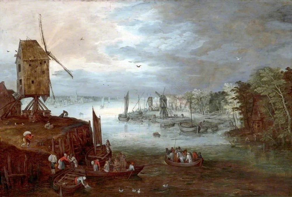 Paysage néerlandais avec moulins à vent et bateaux - Jan Brueghel l'Ancien image 1 copie peinte à la main à l’huile