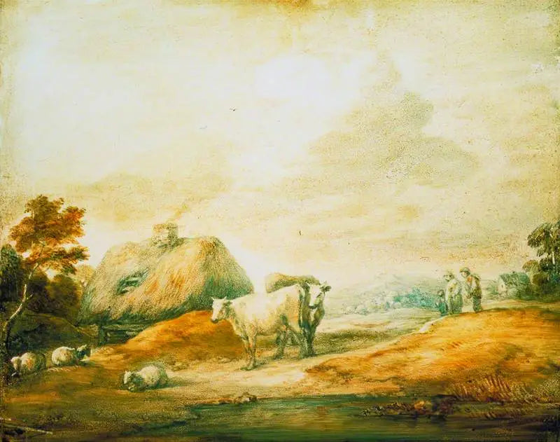 Paysage ouvert avec paysans, vaches, moutons, chalets et piscine - Thomas Gainsborough image 1 reproduction réalisée par Alpha Reproduction