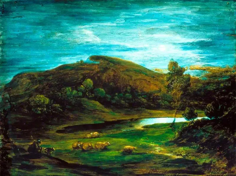 Paysage ouvert avec un berger, des moutons, une piscine et des collines lointaines - Thomas Gainsborough image 1 copie peinte à la main à l’huile