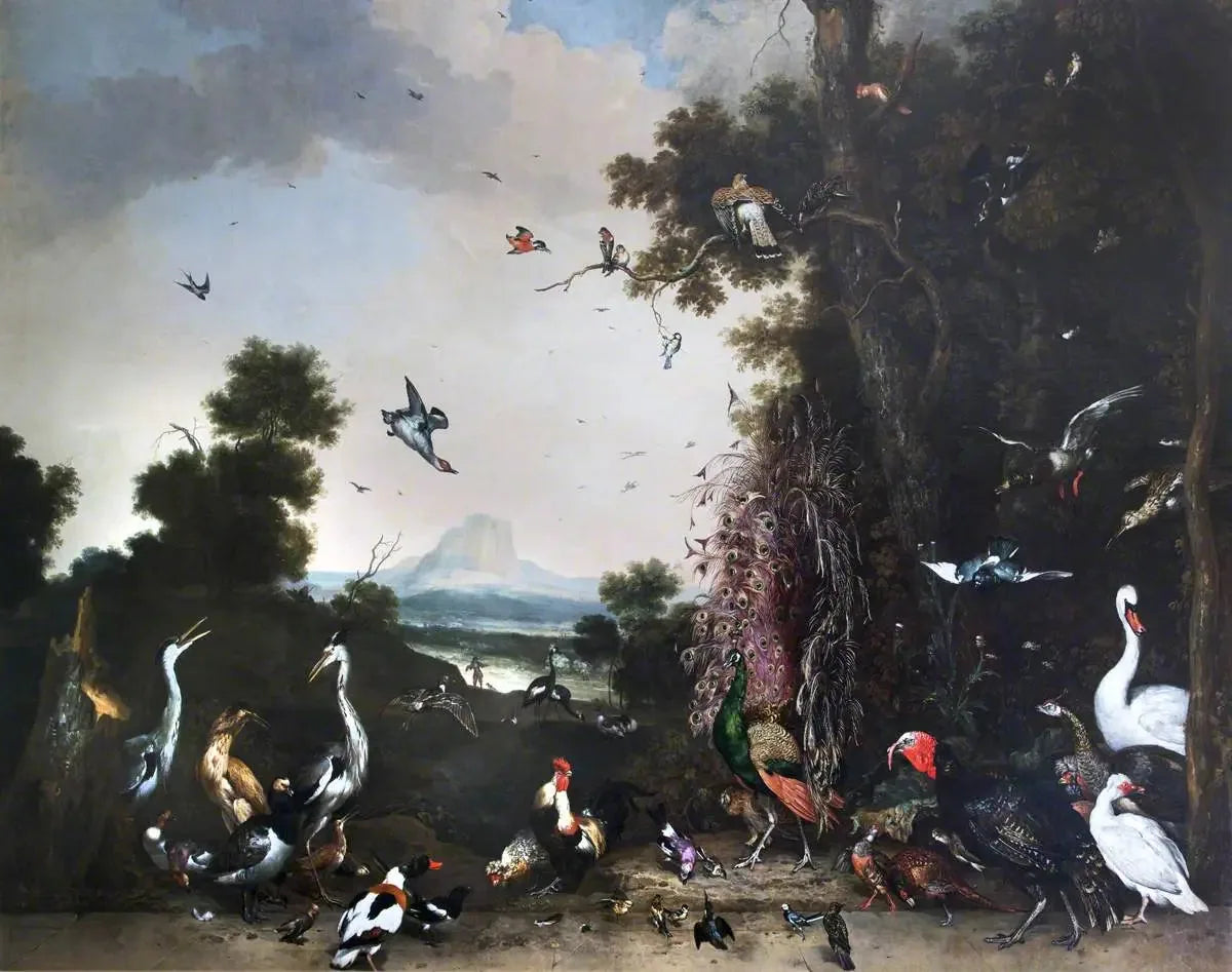 Paysage ouvert avec volailles et oiseaux aquatiques - Melchior de Hondecoeter image 1 tableau peint à l’huile sur toile