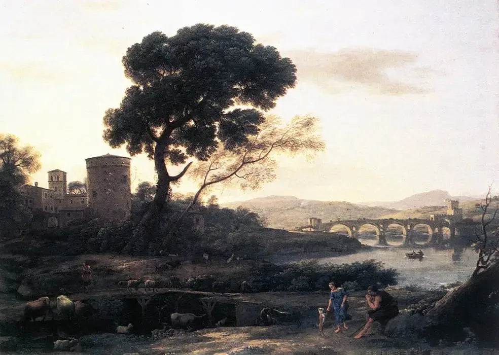 Paysage pastoral avec le pont Milvius - Claude Lorrain image 1 reproduction de peinture à l’huile