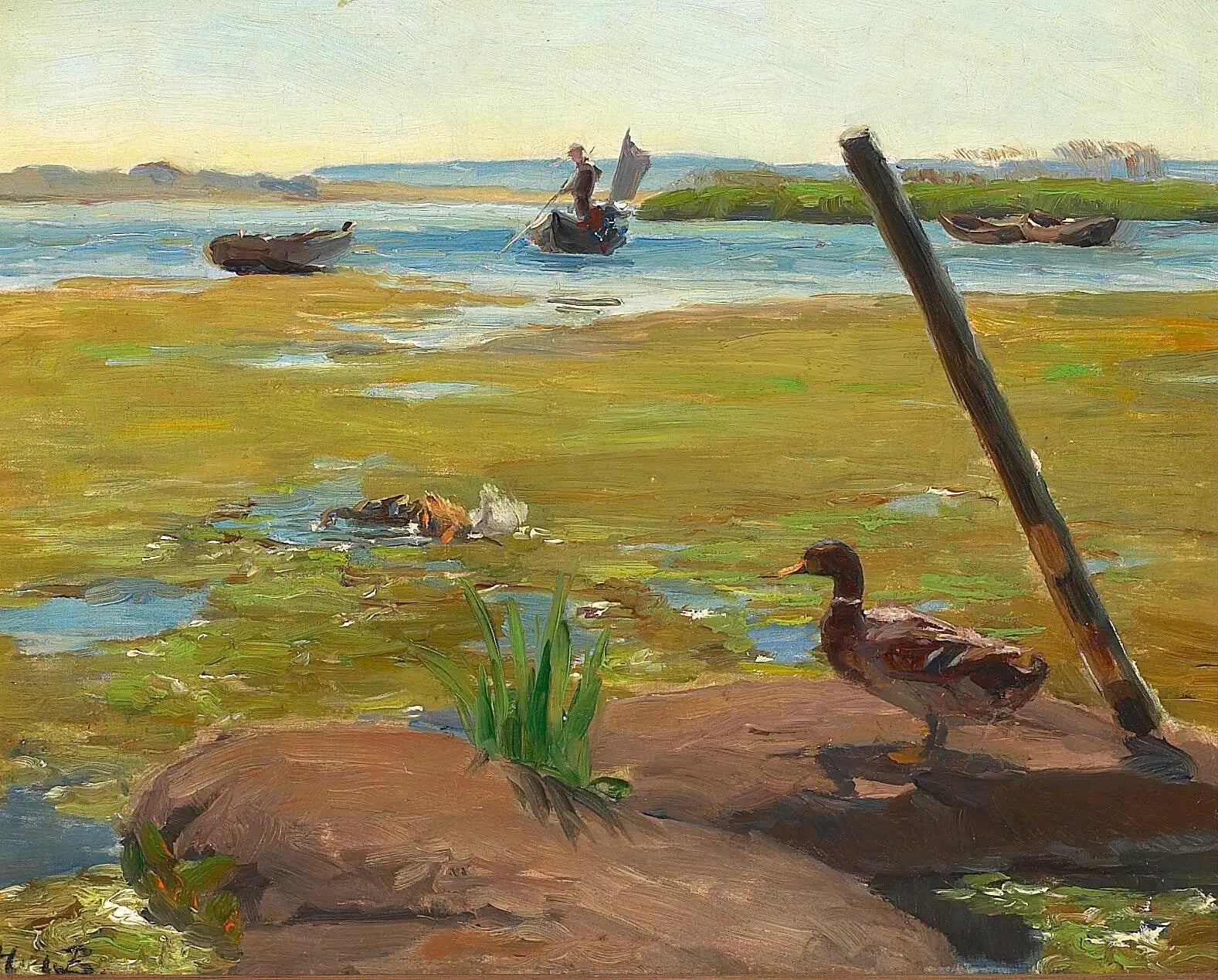 Paysage près de Jyllinge avec un canard. À l'arrière-plan, un homme fait du punting. - H. A. Brendekilde image 1 copie de tableau peinte à la main