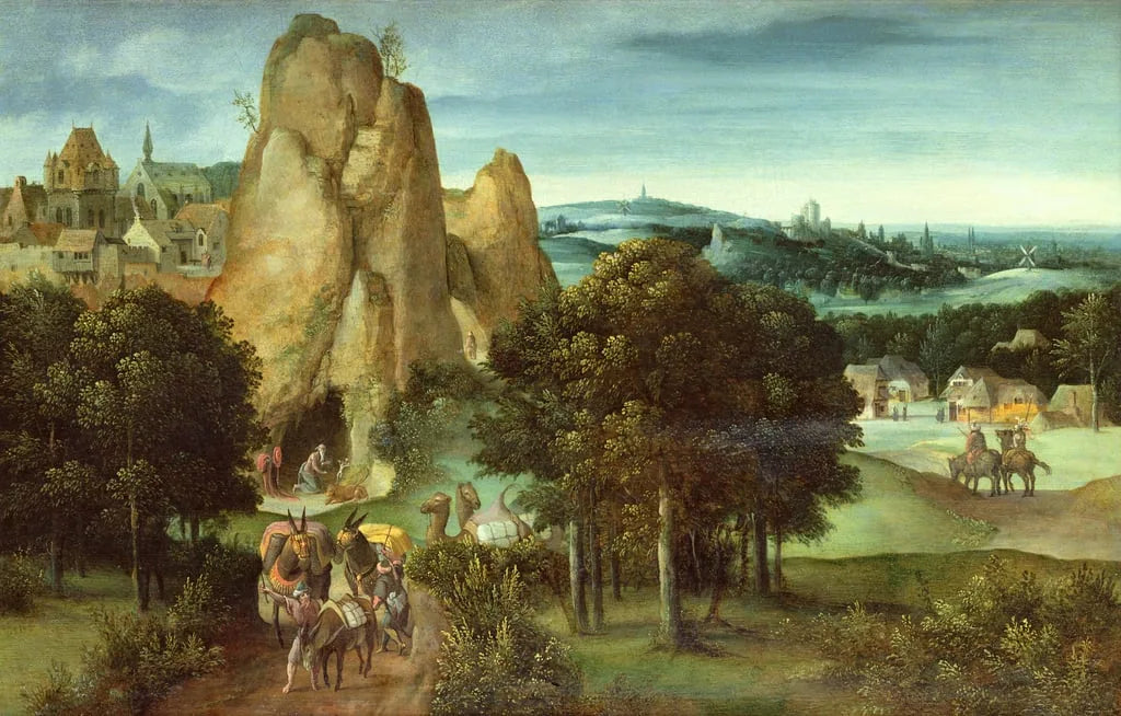 Paysage rocailleux avec muletiers, chameaux et saint Jérôme - Joachim Patinier image 1 reproduction réalisée par Alpha Reproduction