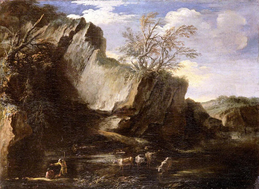Paysage rocheux avec bergers et bétail - Salvator Rosa image 1 copie peinte à la main à l’huile