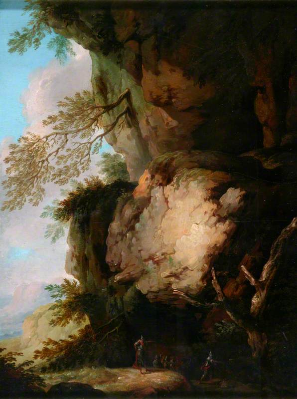 Paysage rocheux avec des soldats - Salvator Rosa image 1 copie peinte à la main à l’huile
