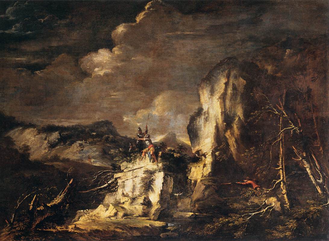 Paysage rocheux avec un chasseur - Salvator Rosa image 1 tableau peint à l’huile sur toile