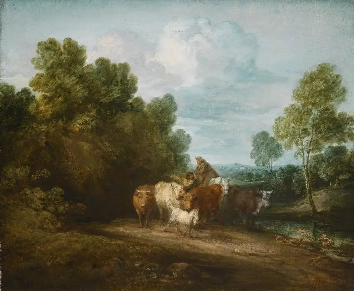 Paysage rocheux boisé avec paysan à cheval, bouvier et bétail, et bâtiment au loin - Thomas Gainsborough image 1 copie peinte à la main à l’huile
