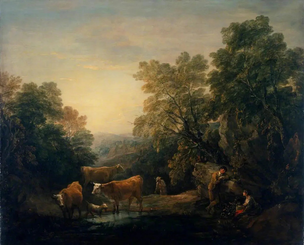 Paysage rocheux et boisé avec des amoureux rustiques, un berger et des vaches - Thomas Gainsborough image 1 reproduction de peinture à l’huile