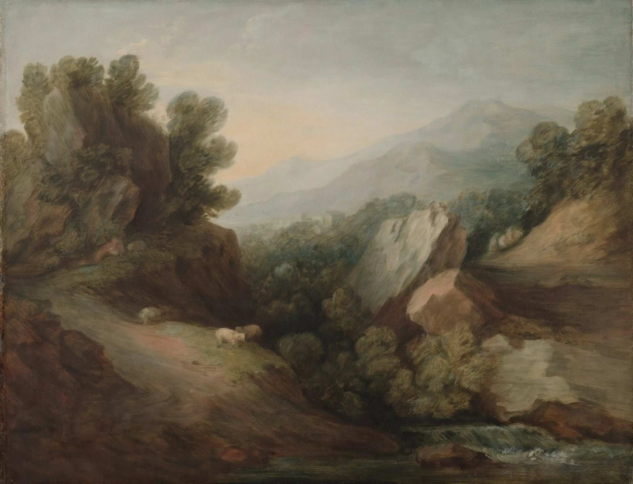 Paysage rocheux et boisé avec un vallon et un barrage - Thomas Gainsborough image 1 tableau peint à l’huile sur toile