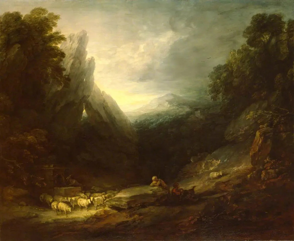 Paysage romantique avec des moutons à une source - Thomas Gainsborough image 1 reproduction artisanale de tableau