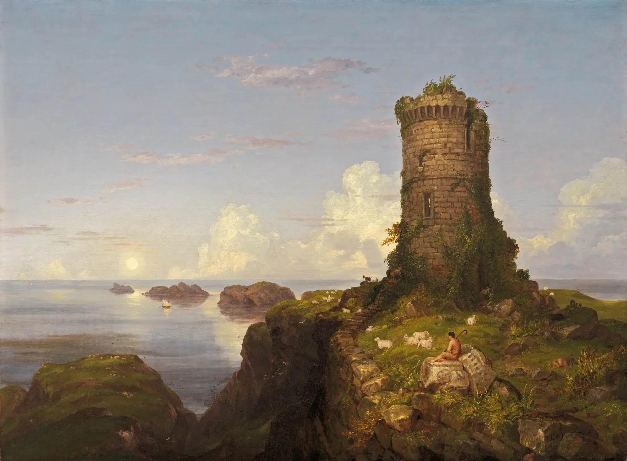 Paysage romantique avec tour ruinée - Thomas Cole image 1 reproduction artisanale de tableau