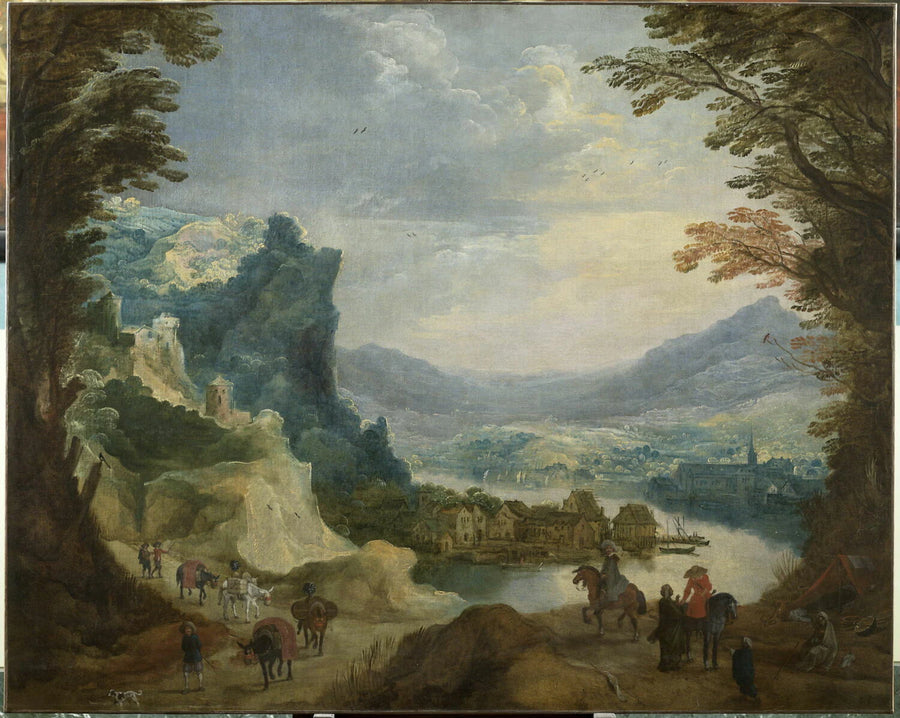 Paysage traversé par une rivière avec quatre mulets chargés et trois bohémiennes - Joos de Momper