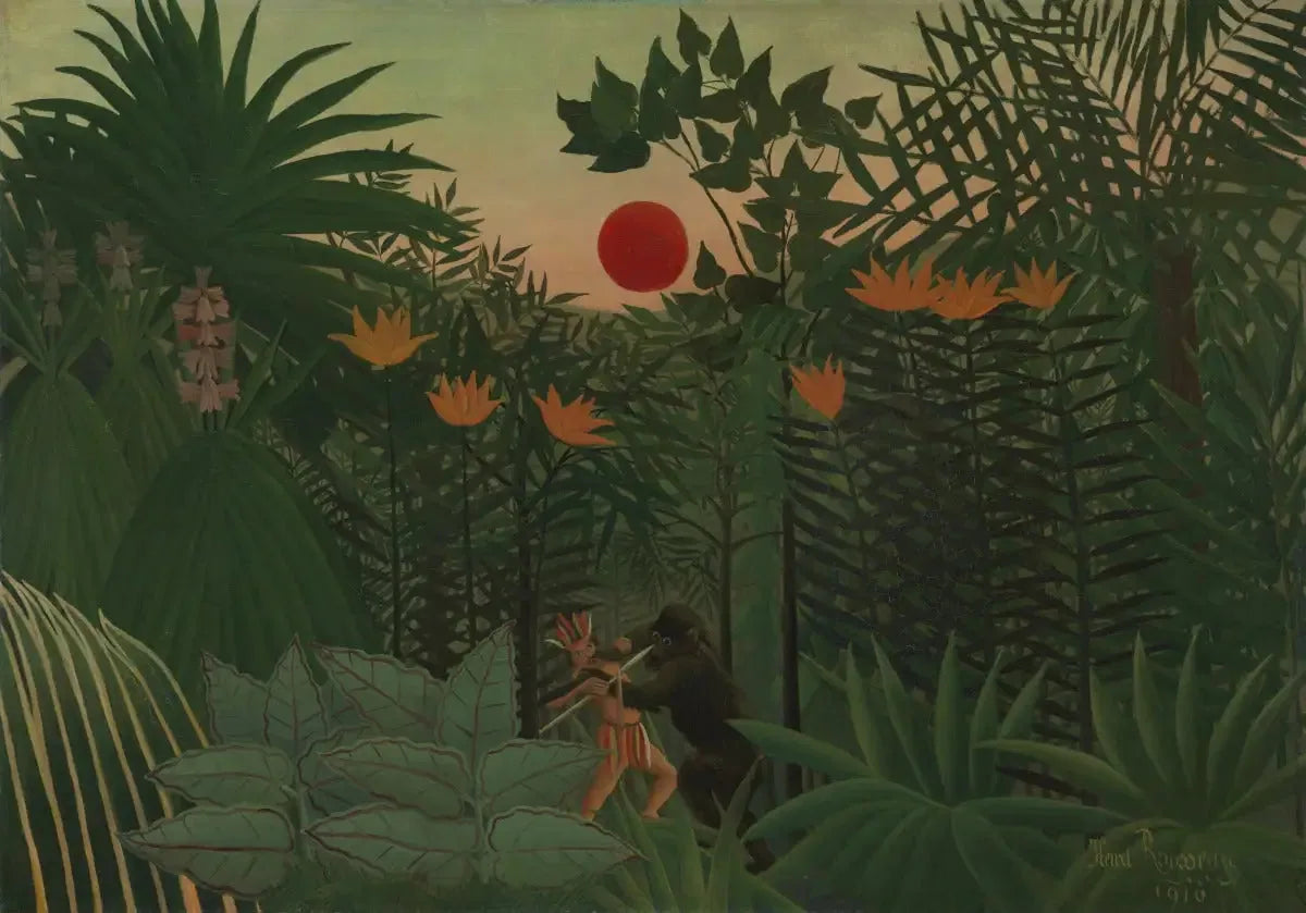 Paysage tropical : lutte de l'Indien et du gorille - Henri Rousseau image 1 reproduction artisanale de tableau