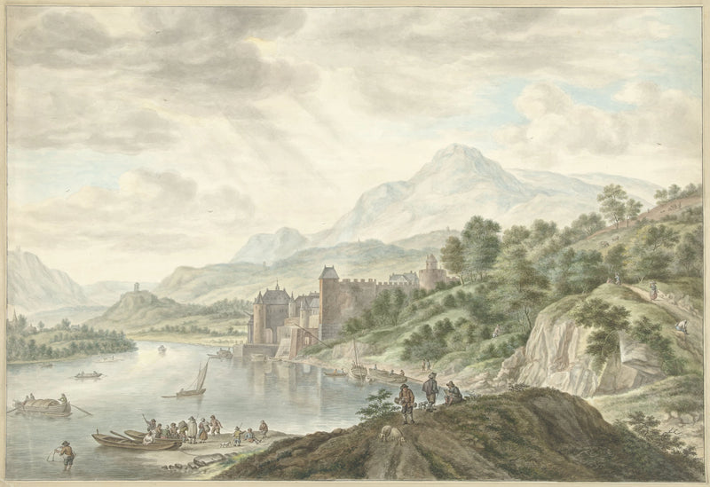 Paysage vallonné avec un château au bord d'une rivière - Abraham Delfos