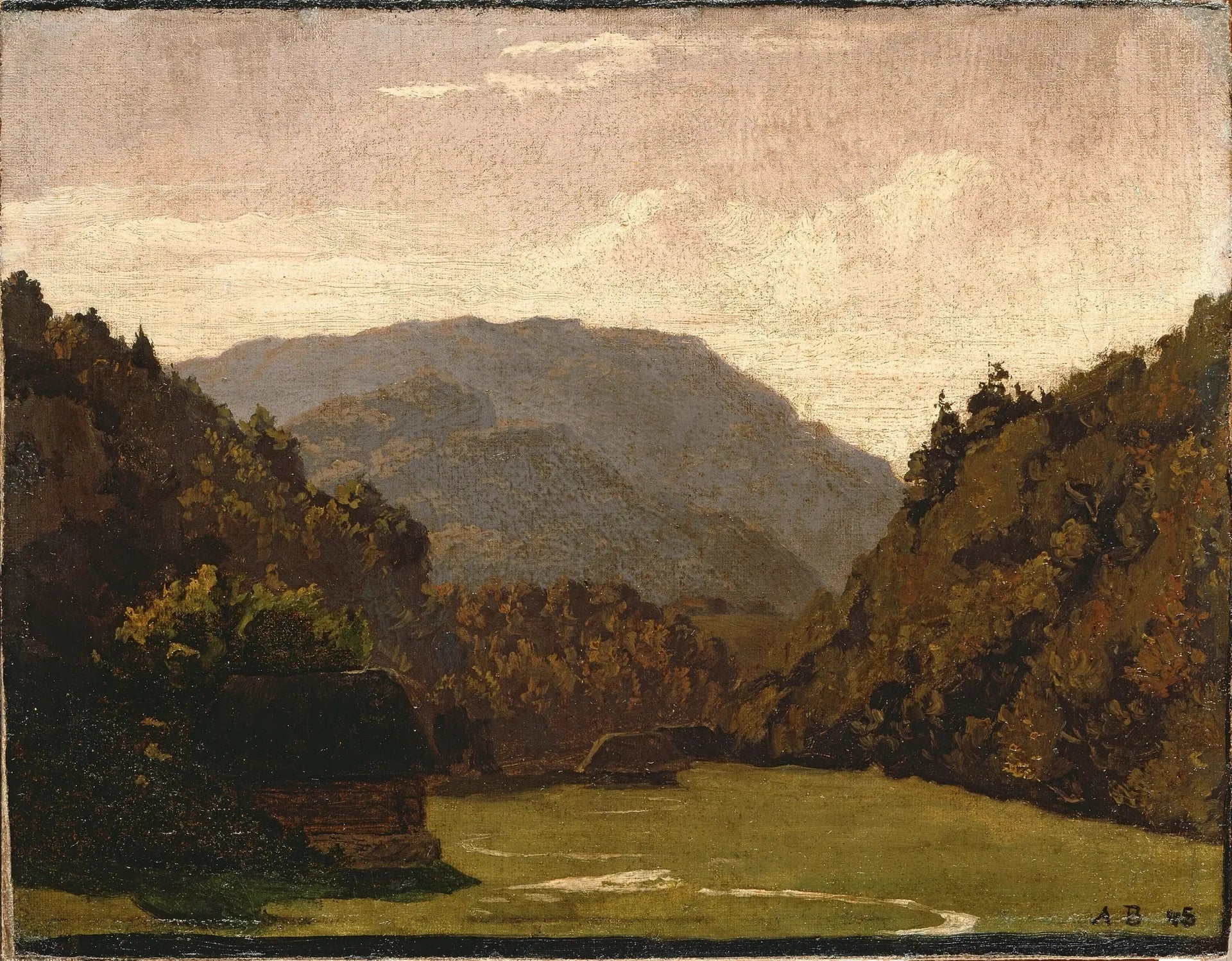 Paysage vallonné avec des cabanes en rondins et un ruisseau dans la plaine - Arnold Böcklin image 1 copie de tableau peinte à la main