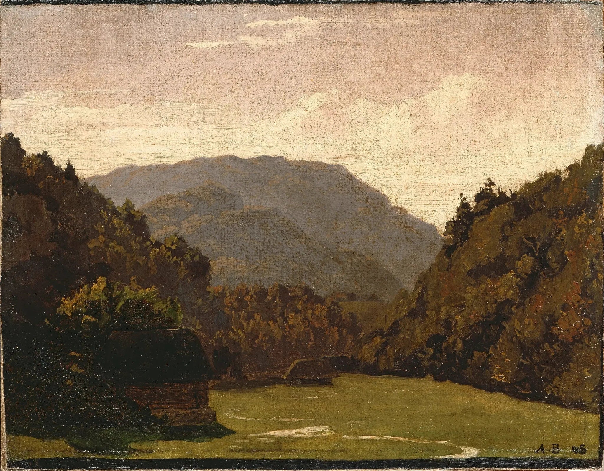 Paysage vallonné avec des cabanes en rondins et un ruisseau dans la plaine - Arnold Böcklin image 1 copie de tableau peinte à la main