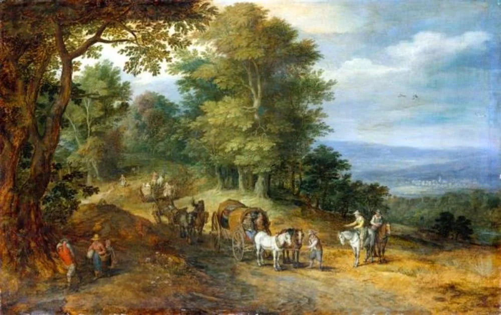 Paysage vallonné avec des silhouettes sur une route - Jan Brueghel l'Ancien image 1 copie de tableau peinte à la main