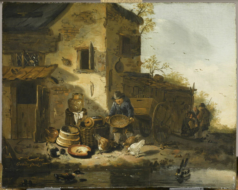 Paysan nourrissant des poules - Egbert van der Poel