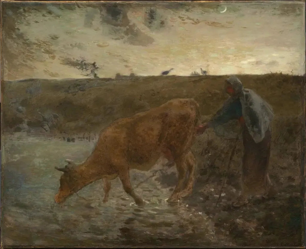 Paysanne abreuvant sa vache, soir - Jean-François Millet image 1 reproduction artisanale de tableau