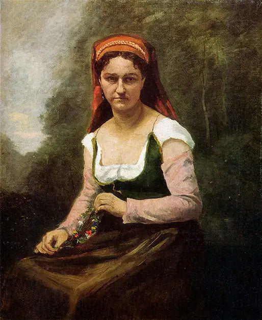 Paysanne assise dans la verdure, tenant une guirlande de fleurs - Jean-Baptiste Camille Corot image 1 copie peinte à la main à l’huile