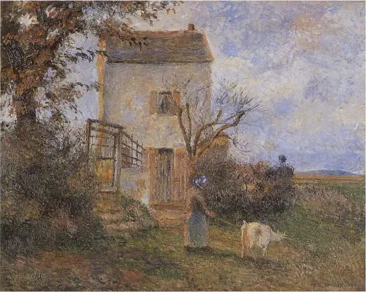 Paysanne et chèvre devant une maison, environs de Pontoise - Camille Pissarro image 1 reproduction de peinture à l’huile