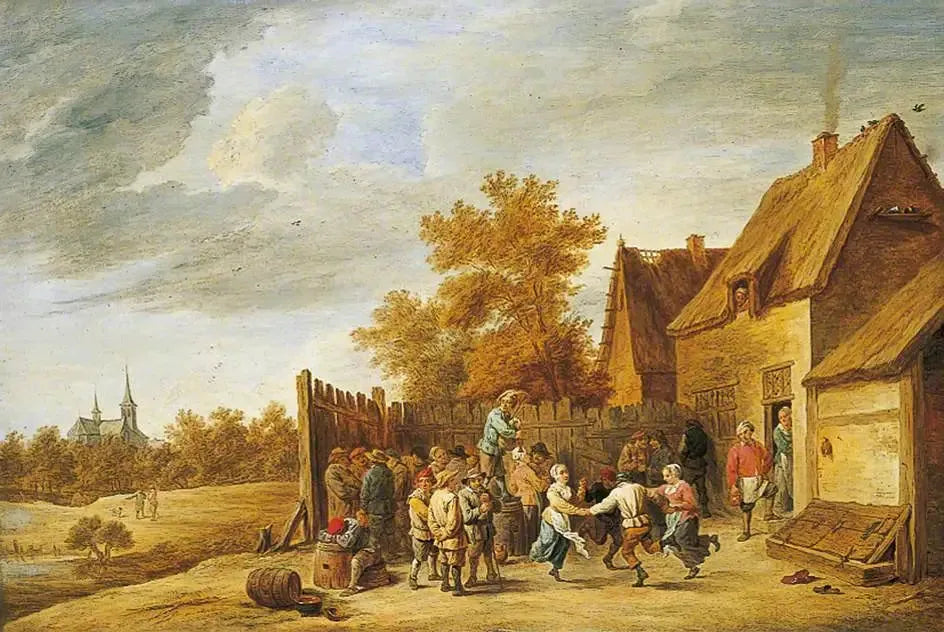 Paysans dansant devant une auberge - David Teniers le Jeune image 1 reproduction de peinture à l’huile