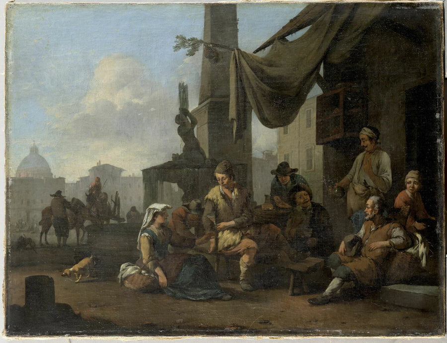 Paysans italiens buvant à la porte d'une hôtellerie - Johannes Lingelbach
