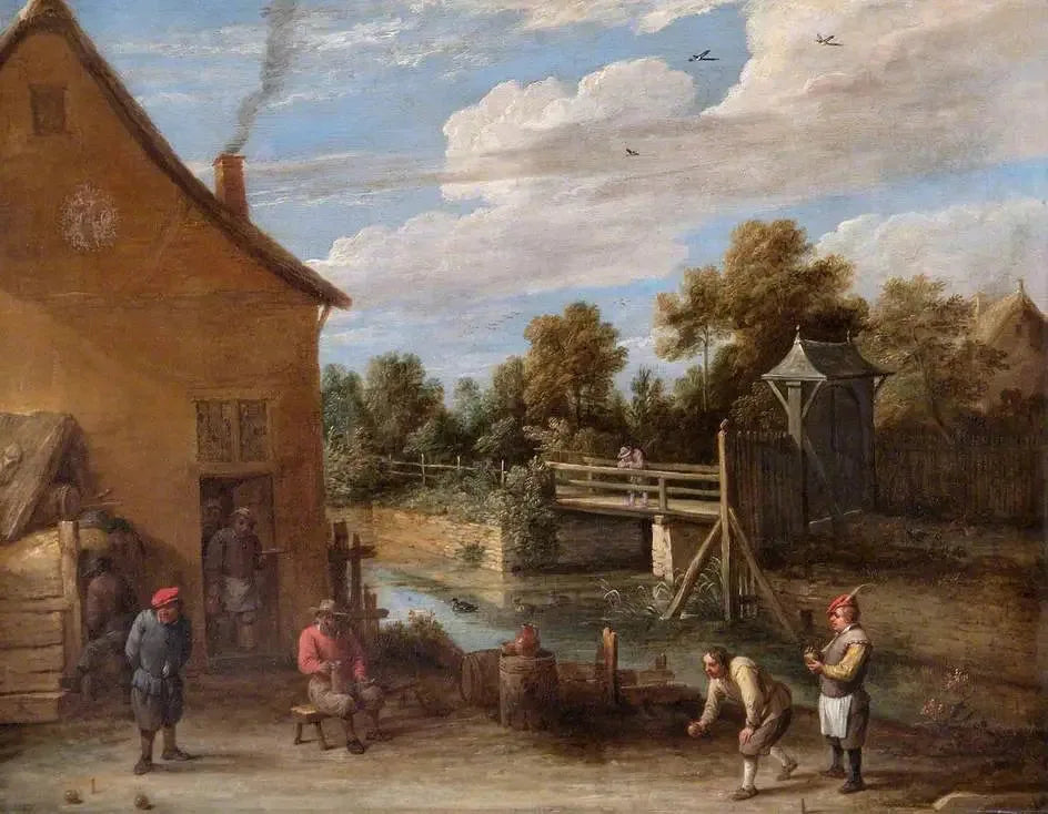 Paysans jouant aux boules devant une auberge au bord d'une rivière - David Teniers le Jeune image 1 copie de tableau peinte à la main