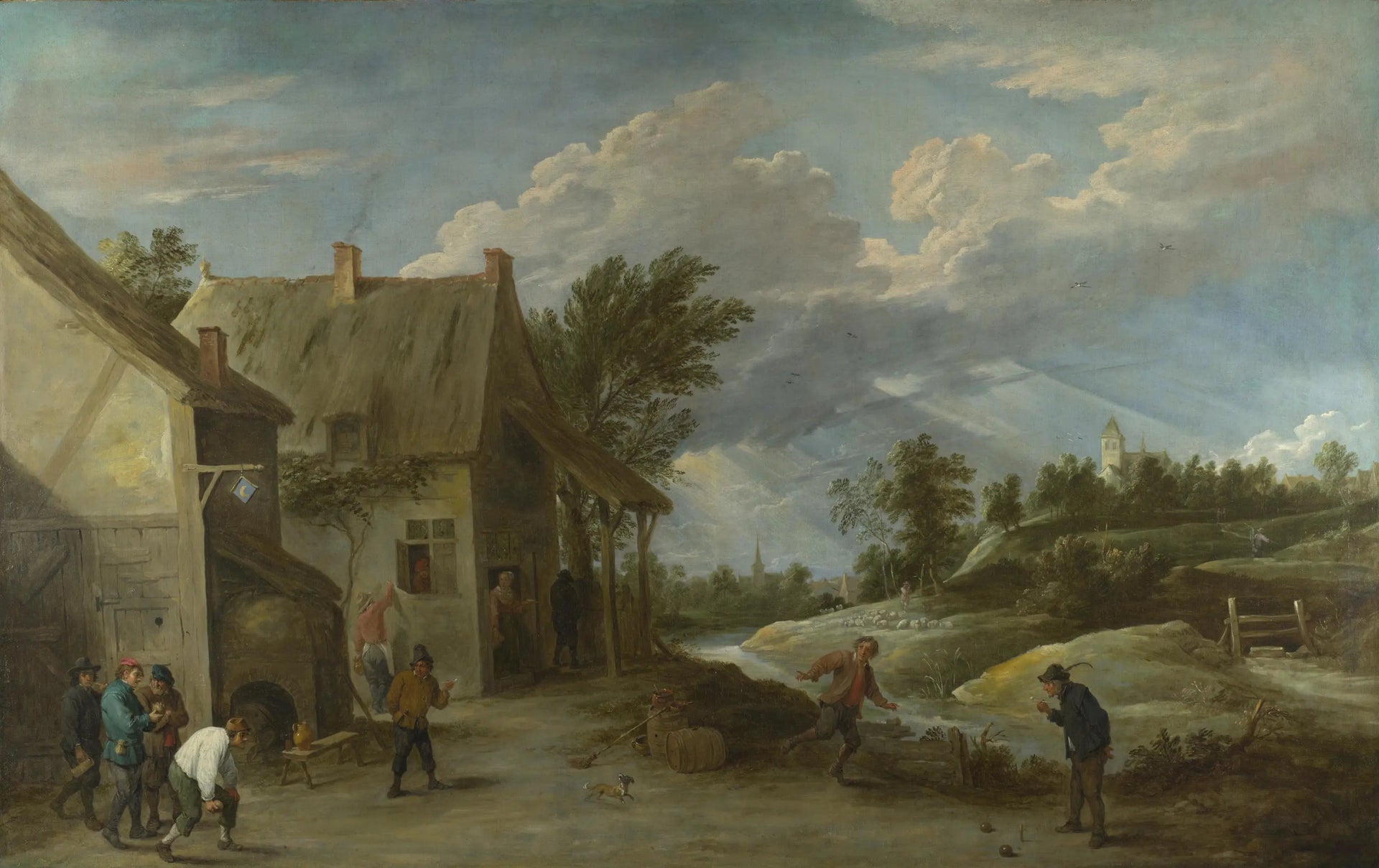 Paysans jouant aux boules devant une auberge de village - David Teniers le Jeune image 1 reproduction réalisée par Alpha Reproduction