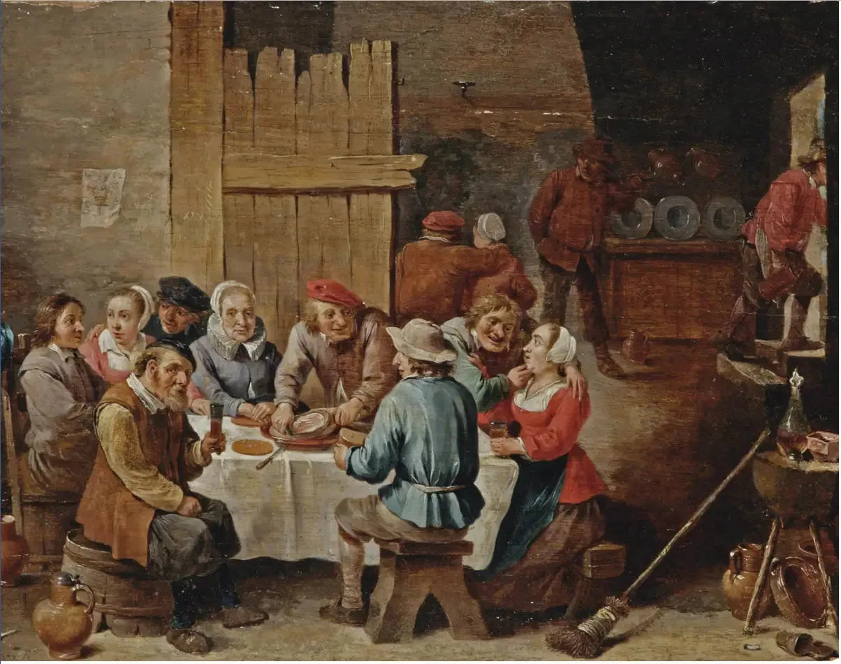 Paysans mangeant et buvant dans un intérieur - David Teniers le Jeune image 1 tableau peint à l’huile sur toile
