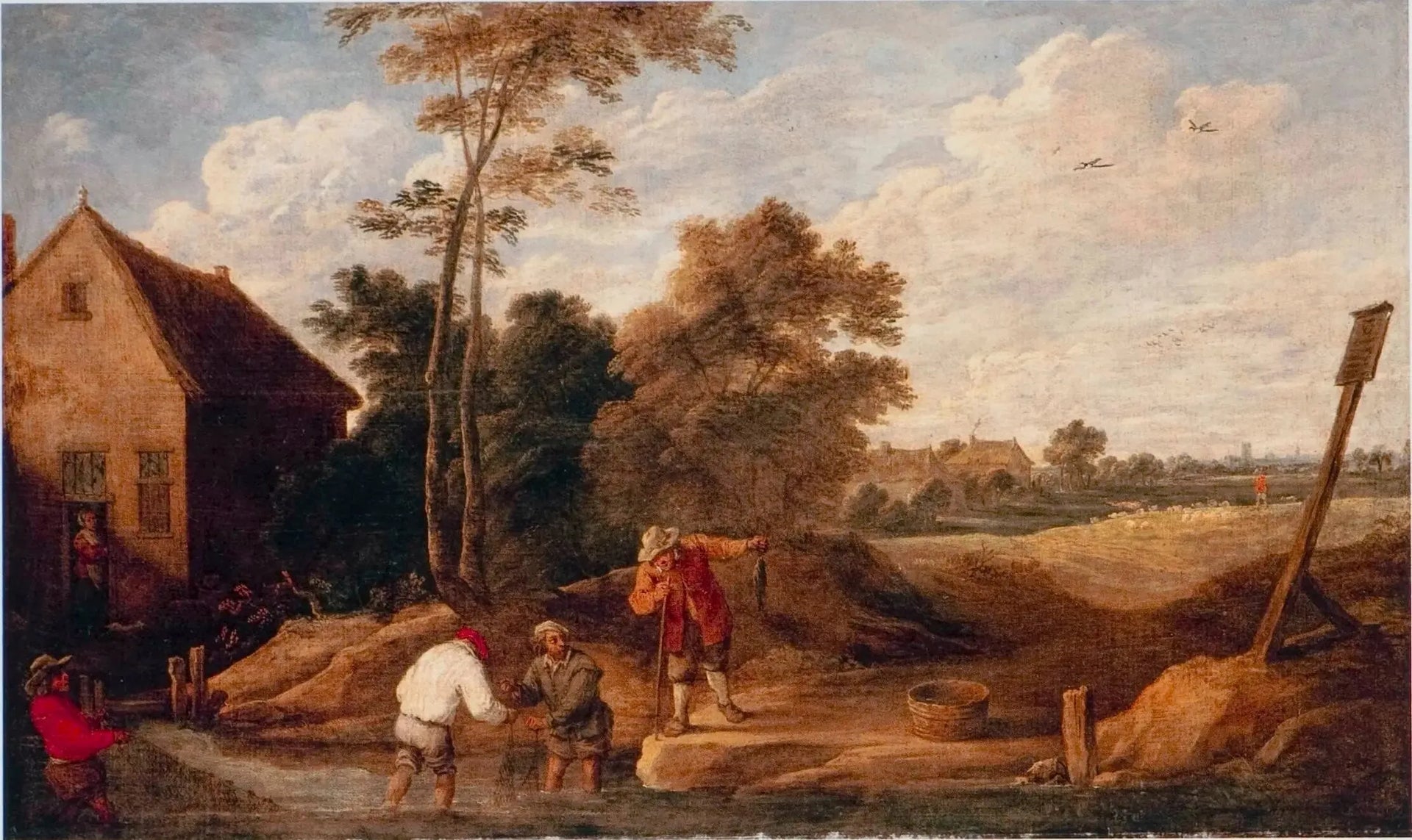 Paysans pêchant dans un ruisseau, près d'un chalet - David Teniers le Jeune image 1 reproduction d’œuvre d’art à l’huile