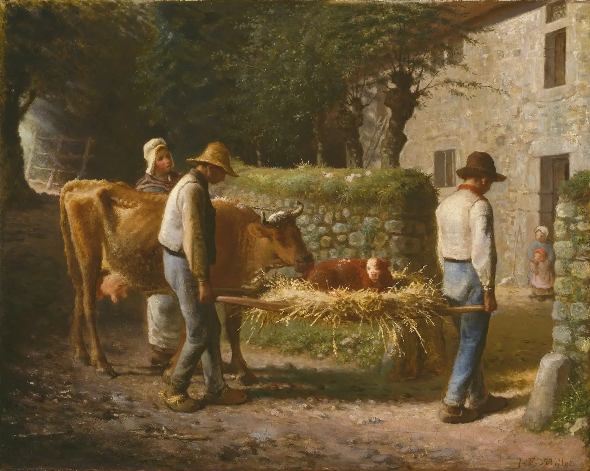 Paysans ramener chez eux un veau né dans les champs - Jean-François Millet image 1 reproduction artisanale de tableau
