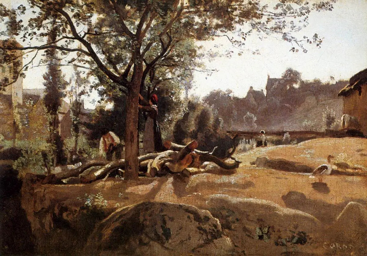 Paysans sous les arbres à l'aube - Jean-Baptiste Camille Corot image 1 reproduction artisanale de tableau