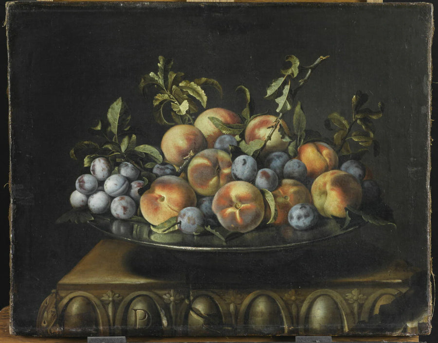 Pêches et prunes sur un plat d'étain - Pierre Dupuis