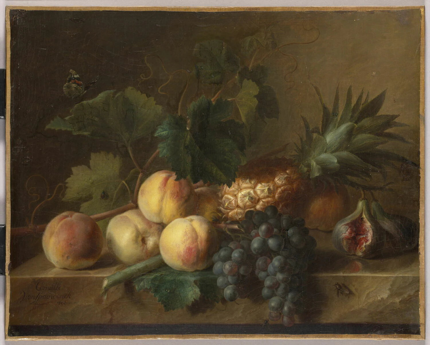 Pêches, raisins et ananas sur une table de pierre - Cornelis van Spaendonck
