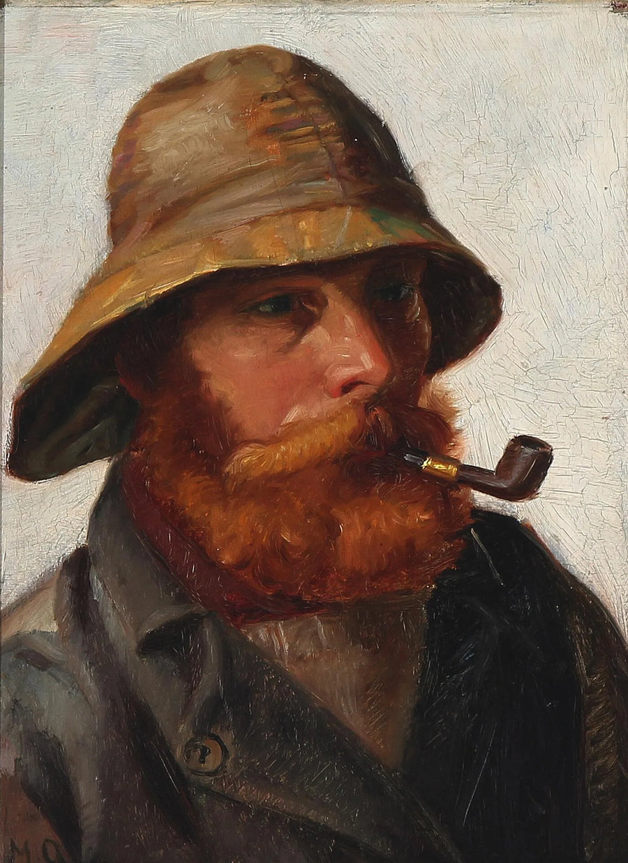 Pêcheur à la barbe rousse, coiffé d'un ciré jaune et fumant la pipe. - Michael Peter Ancher