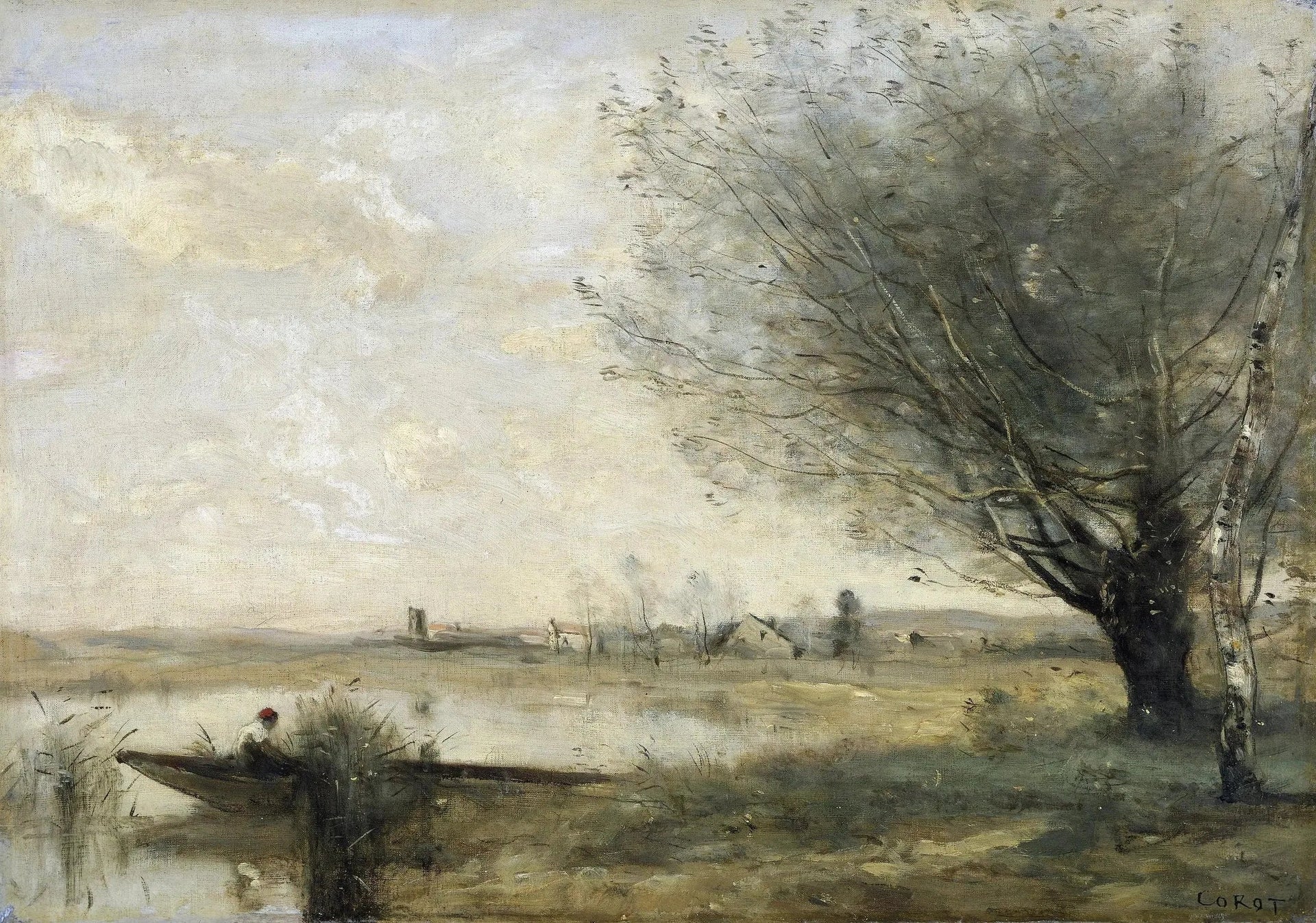Pêcheur amarré à une berge - Jean-Baptiste Camille Corot image 1 copie de tableau peinte à la main