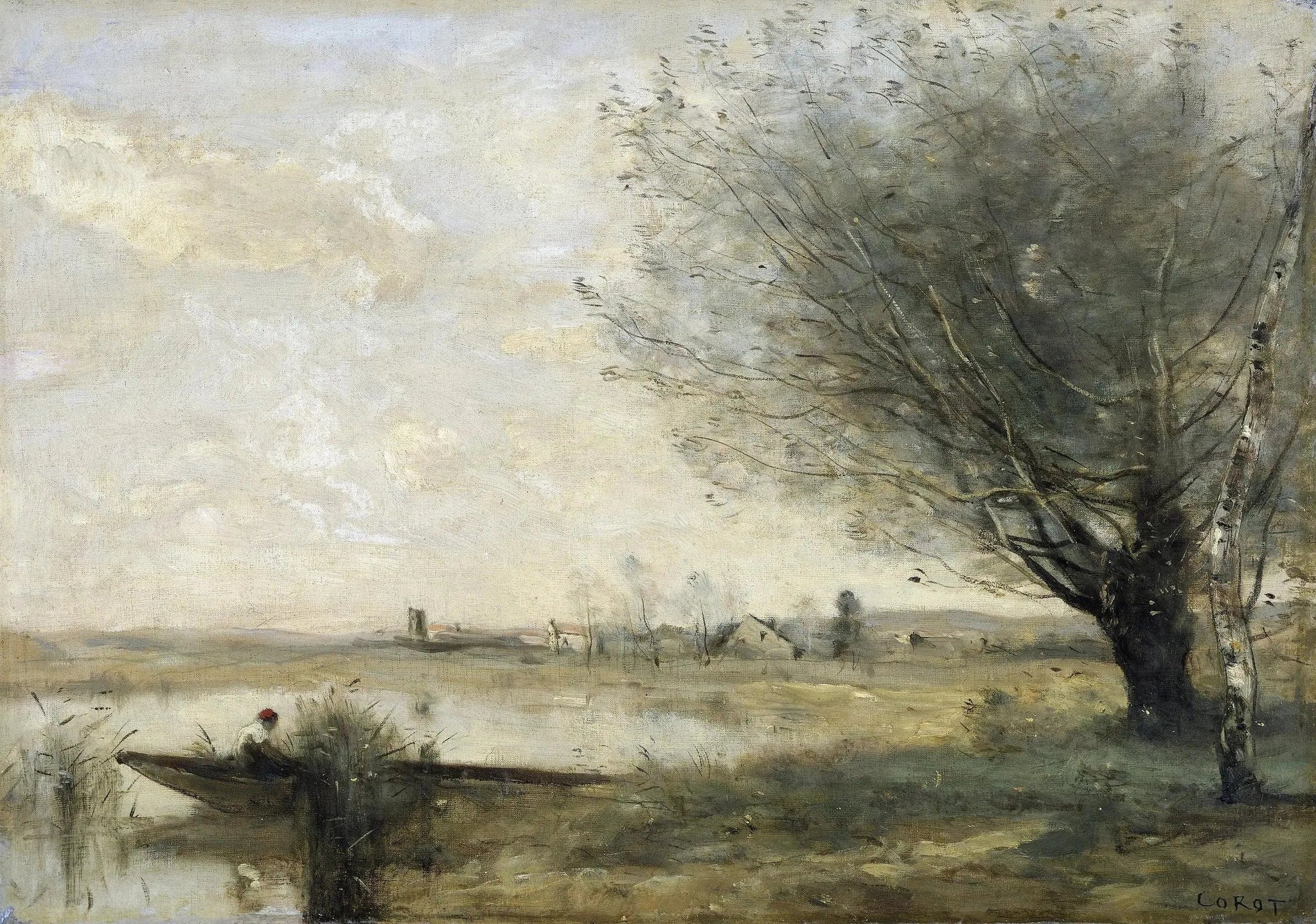 Pêcheur amarré à une berge - Jean-Baptiste Camille Corot image 1 copie de tableau peinte à la main