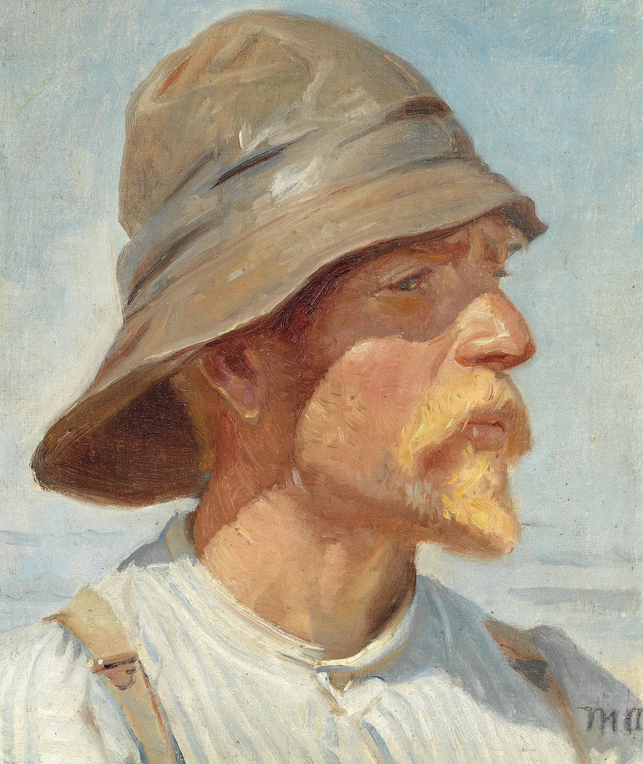 Pêcheur de Skagen portant un ciré, une chemise rayée et des bretelles. - Michael Peter Ancher