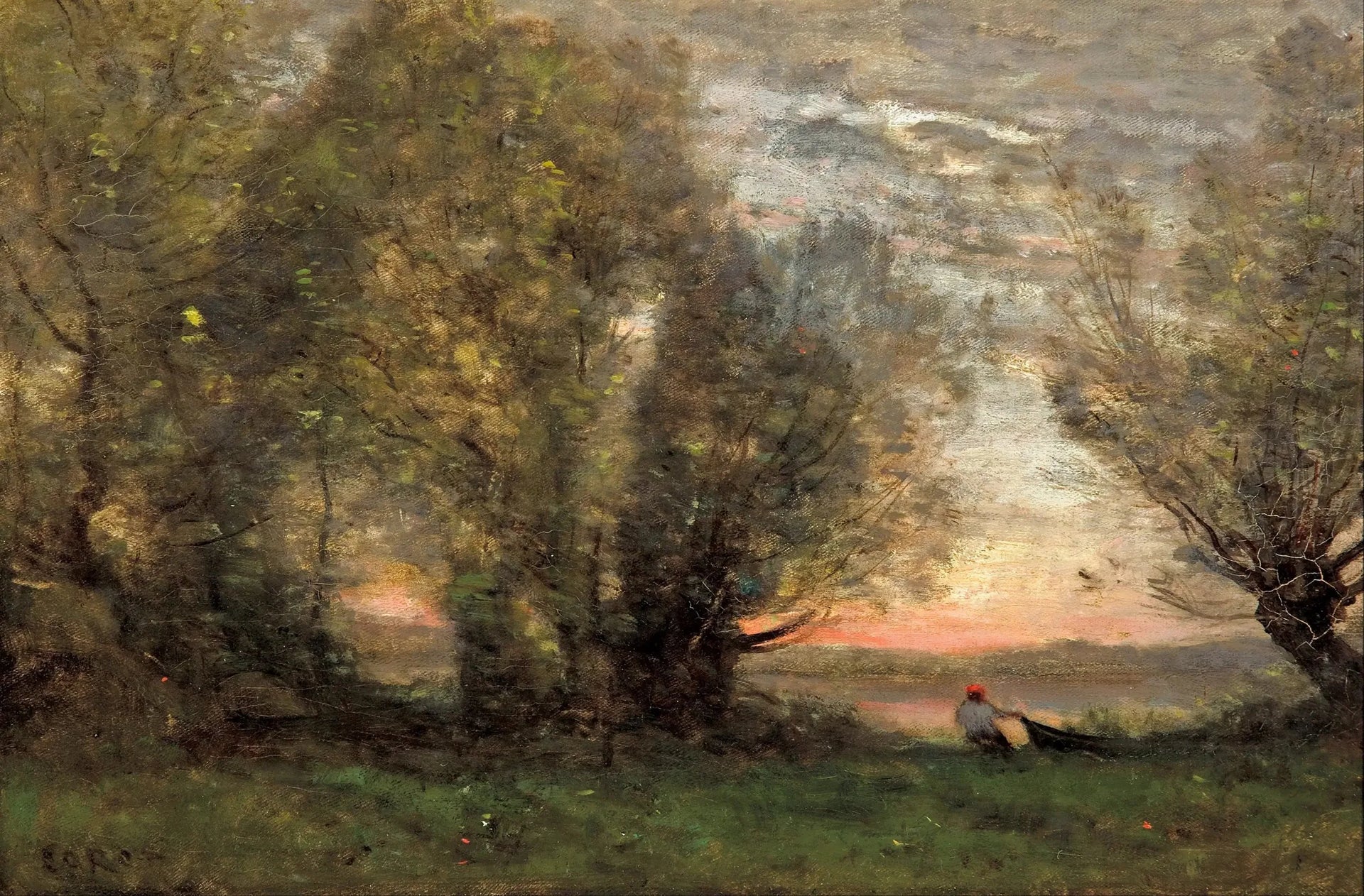 Pêcheur tirant sa barque auprès d'un vieux saule, effet du soir - Jean-Baptiste Camille Corot image 1 reproduction réalisée par Alpha Reproduction