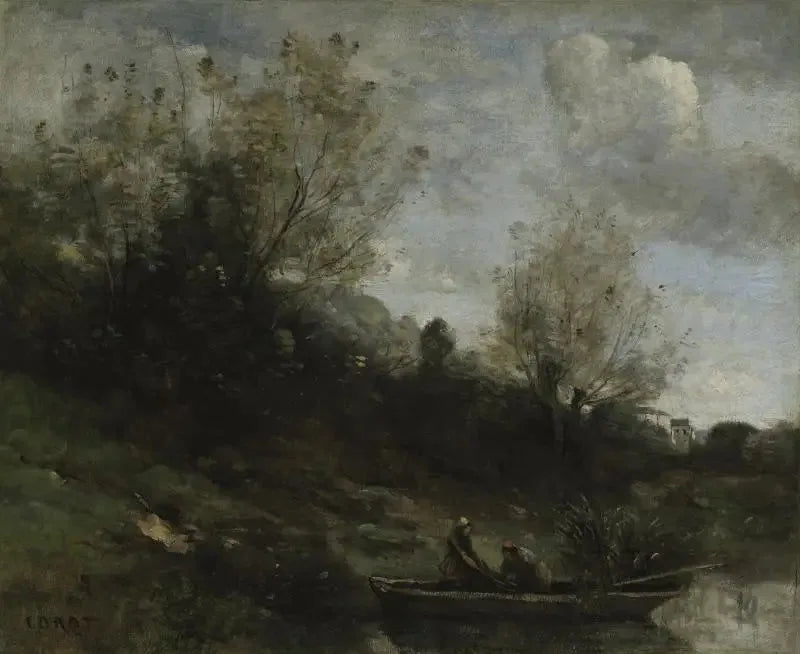 Pêcheurs en barque au bord de la rive - Jean-Baptiste Camille Corot image 1 reproduction artisanale de tableau