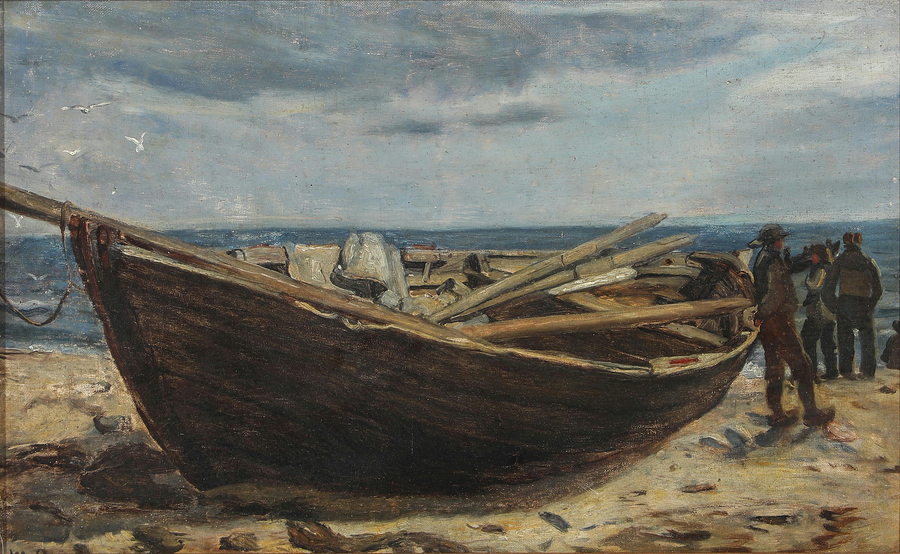 Pêcheurs et un bateau à la plage de Skagen. - Michael Peter Ancher