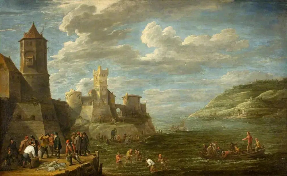 Pêcheurs sur un quai - David Teniers le Jeune image 1 reproduction artisanale de tableau